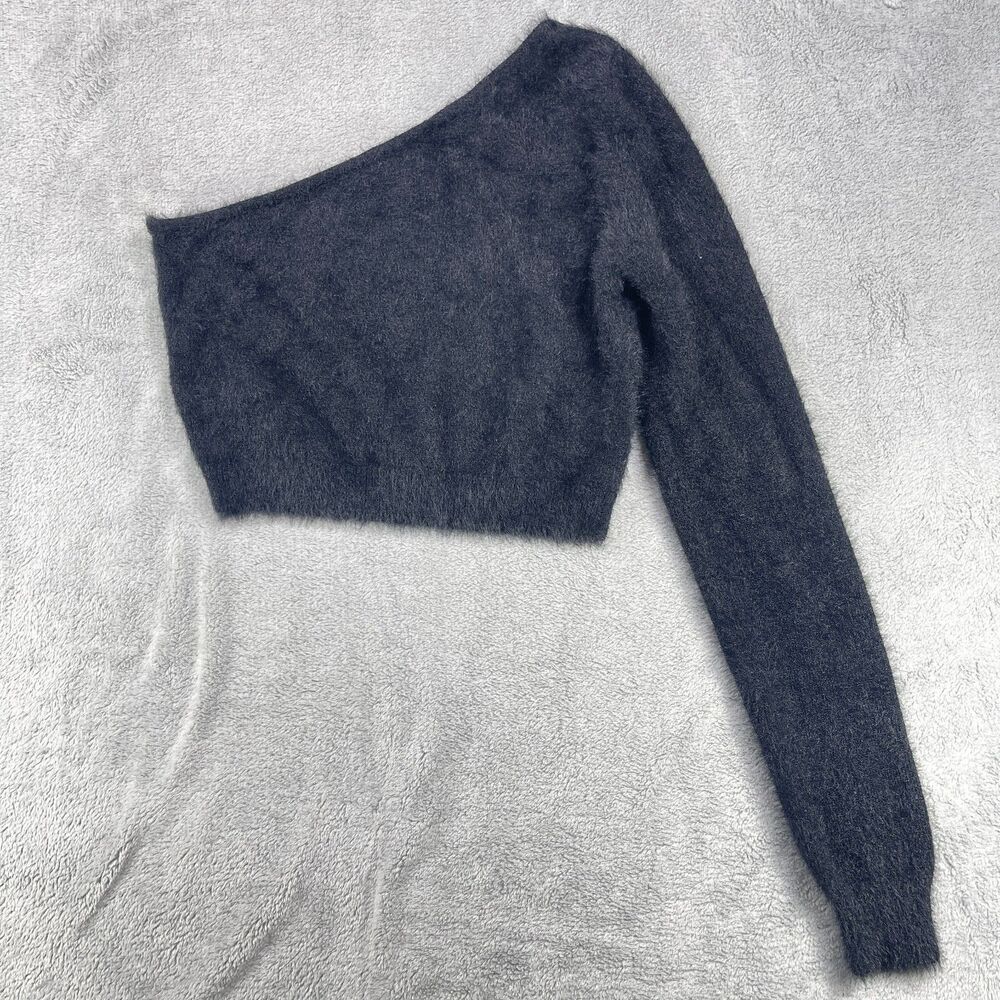 Meshki Megan Fluffy Off Shoulder Top Womens Medium Black Nylon Stretch Pullover